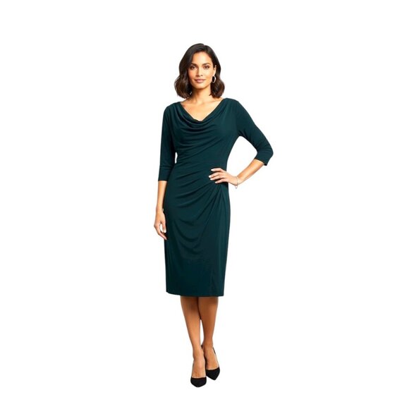 Lauren Ralph Lauren Sinched Ruched Midi Dress Forest Green Size 14 Holiday Cute - Picture 1 of 12